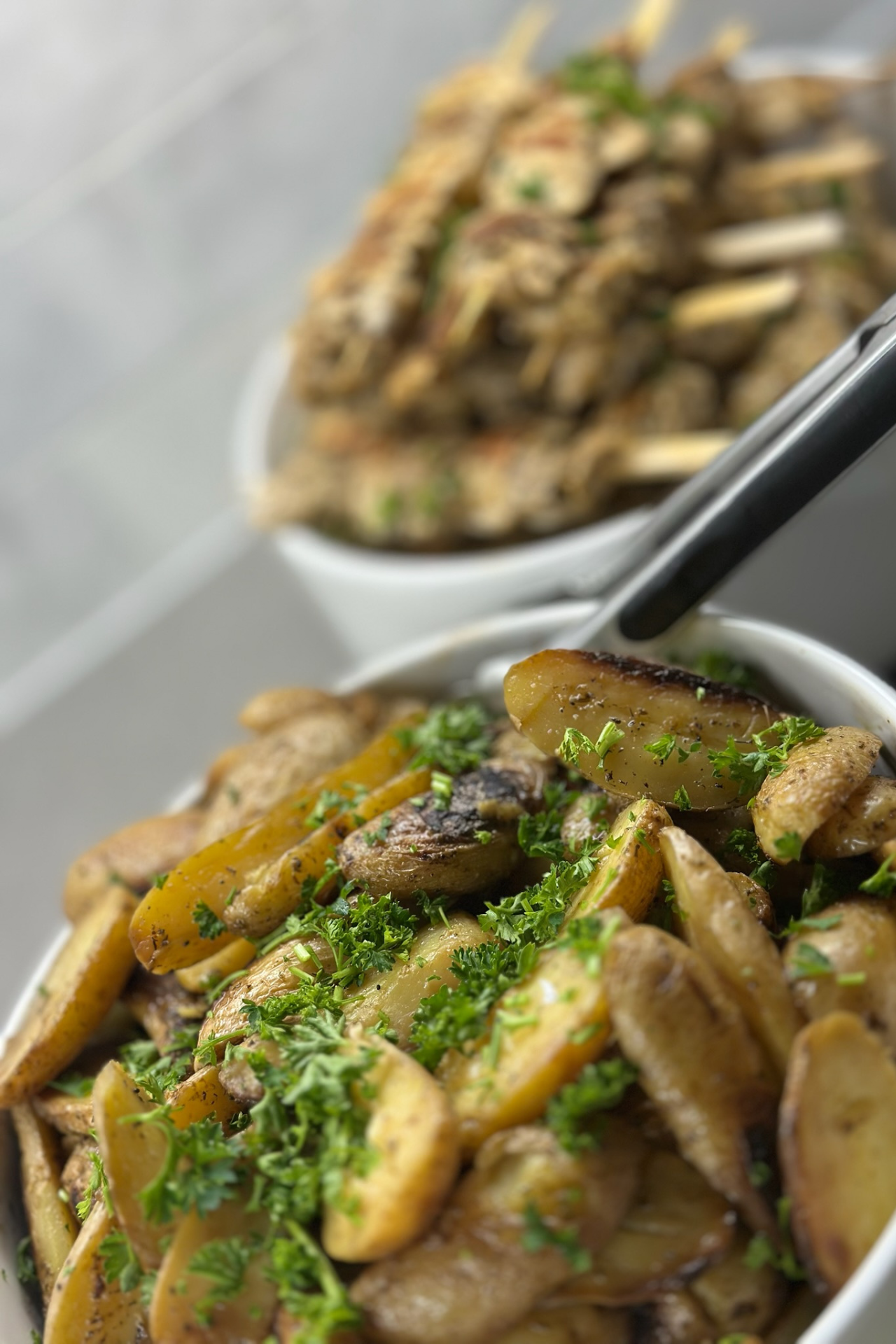 Hot mains and sides ready for buffet service