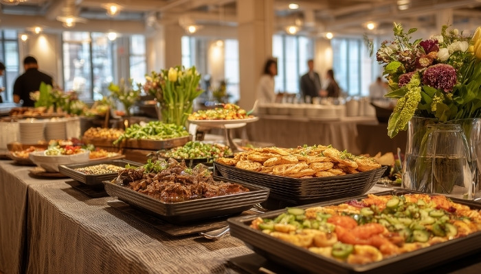 Full-service corporate catering event with staff and stations