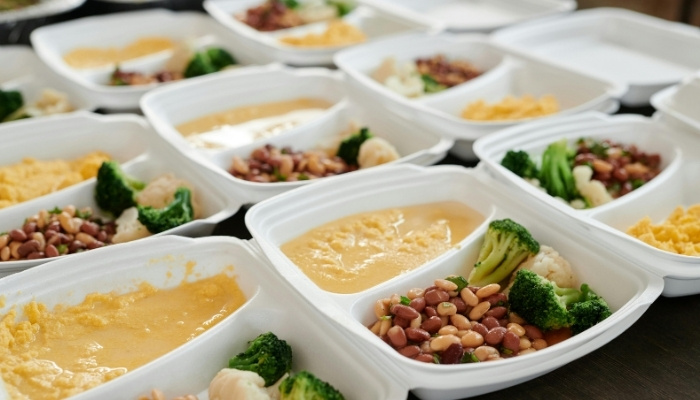 Vegan buffet with hot mains and salads