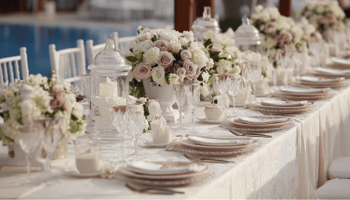 Wedding reception catering with floral décor